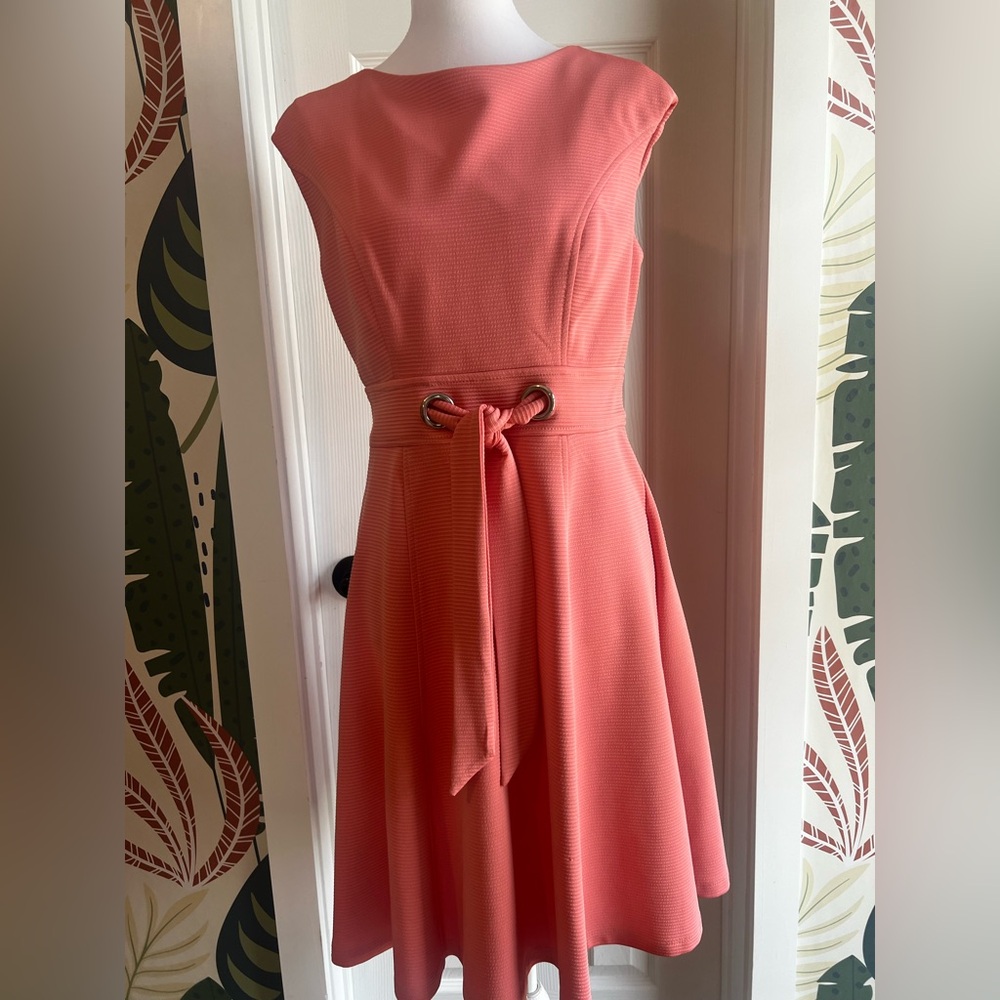 London Times Coral Midi Dress with Tie Waist